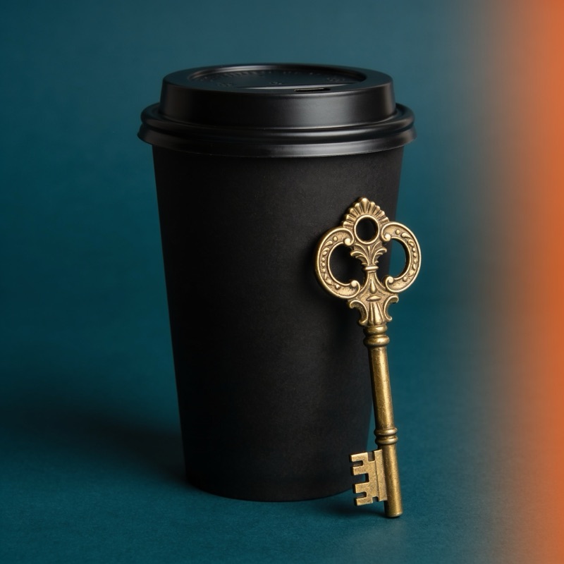 Happy Monday bei Escapegame München – schwarzer Kaffeebecher mit goldenem Schlüssel